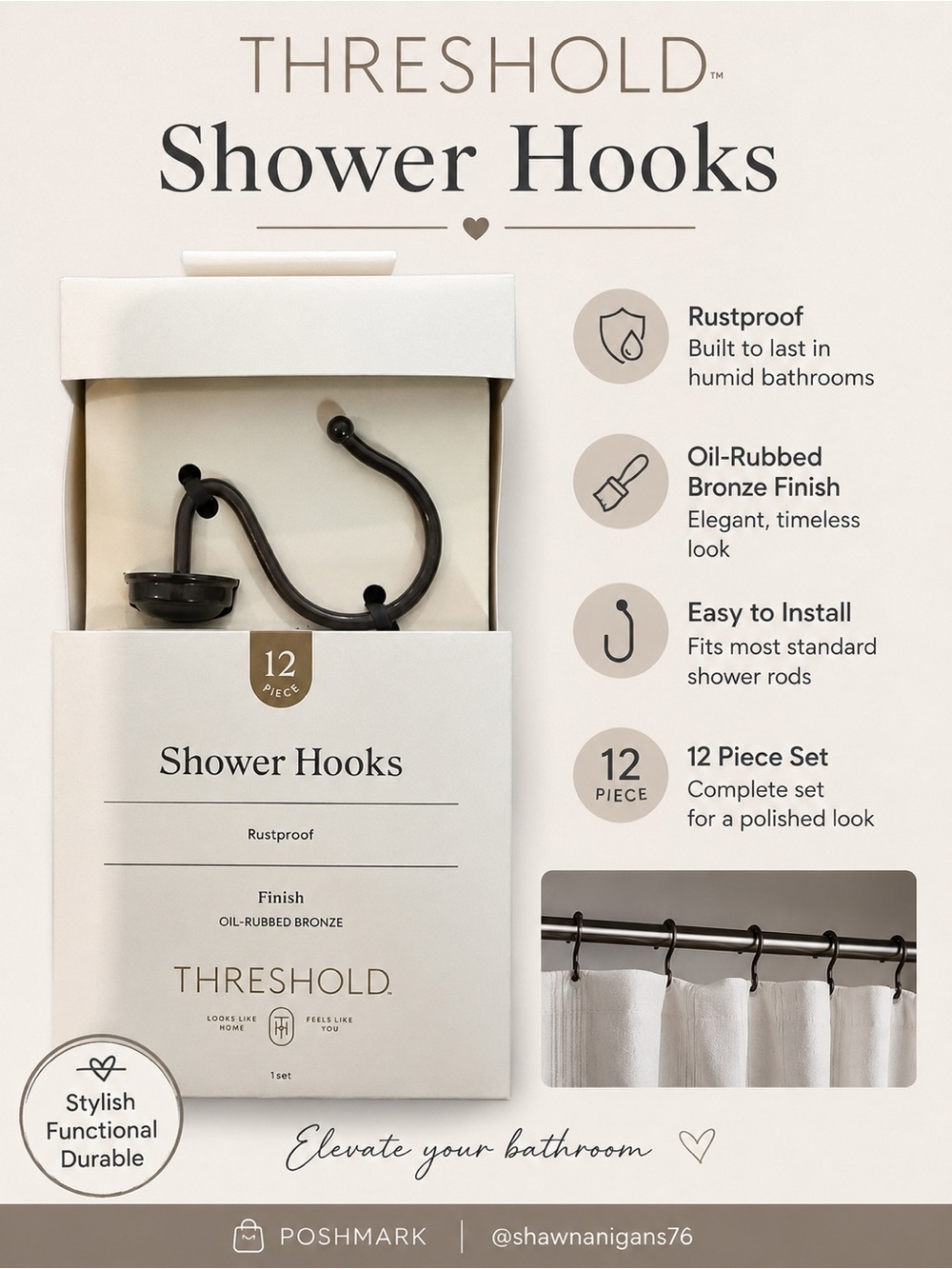 Threshold Oil-Rubbed Bronze Shower Hooks - Brown